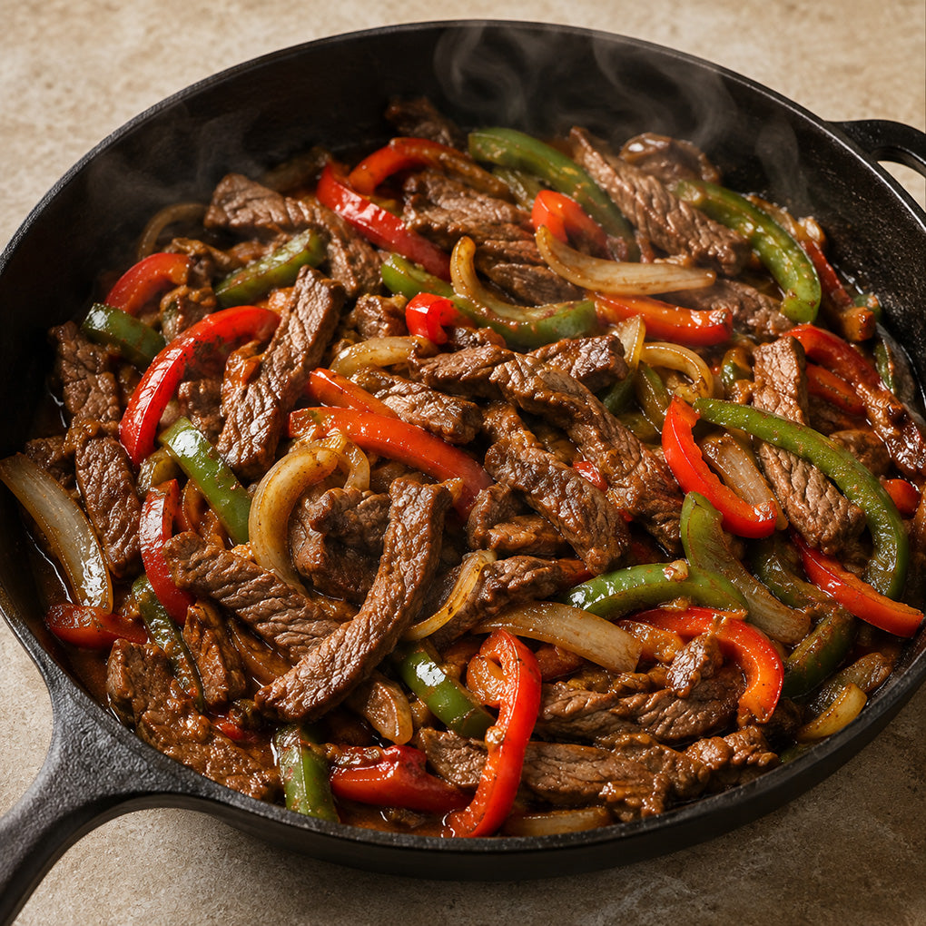A close-up overhead shot of cooked beef strips with red and green bell peppers and onions in a black cast-iron skillet, with steam rising from the food.