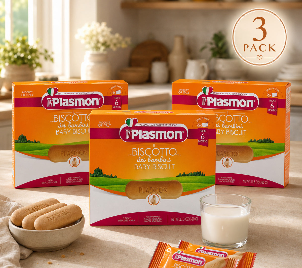 Plasmon baby biscuit boxes with a bowl of biscuits and glass of milk on a table.