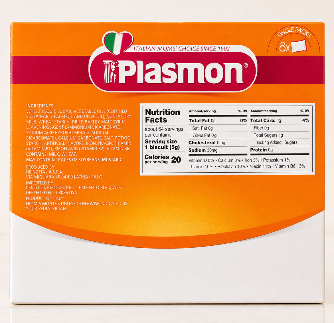Plasmon product packaging with nutrition facts label on an orange background