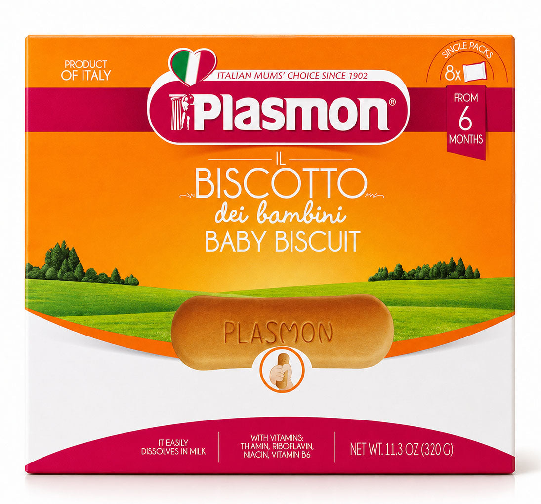 Plasmon baby biscuit packaging with an orange and white design