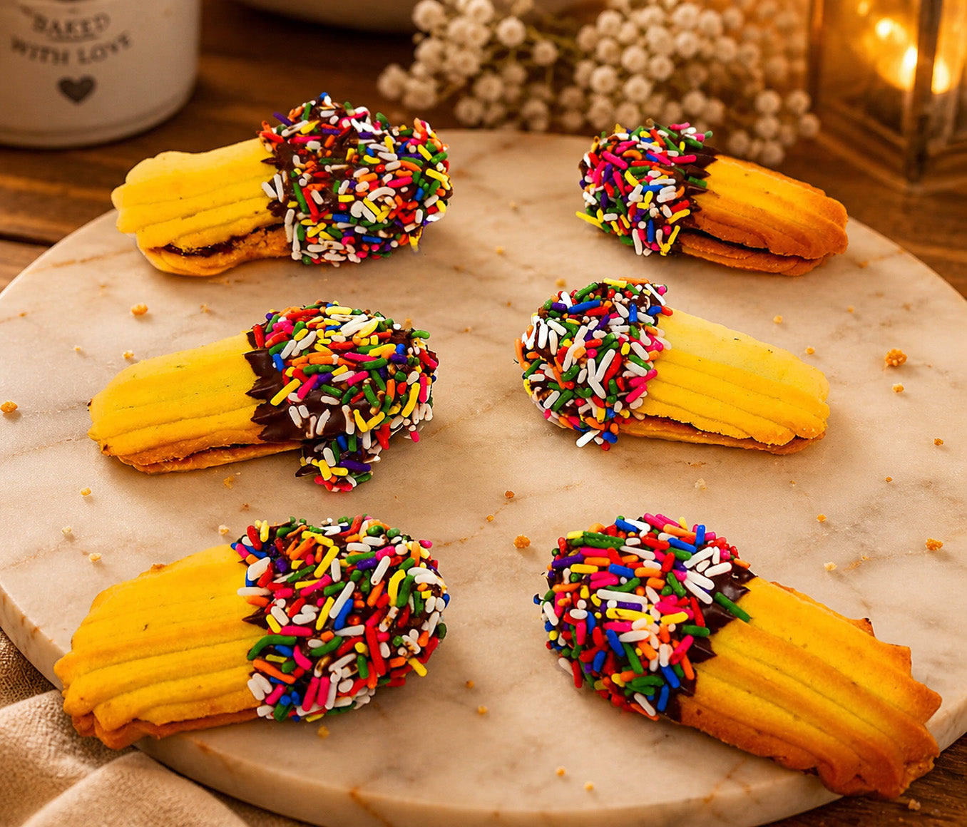 Six of chocolate-dipped raspberry sandwich cookies with multicolored sprinkles on top, baked in Brooklyn.