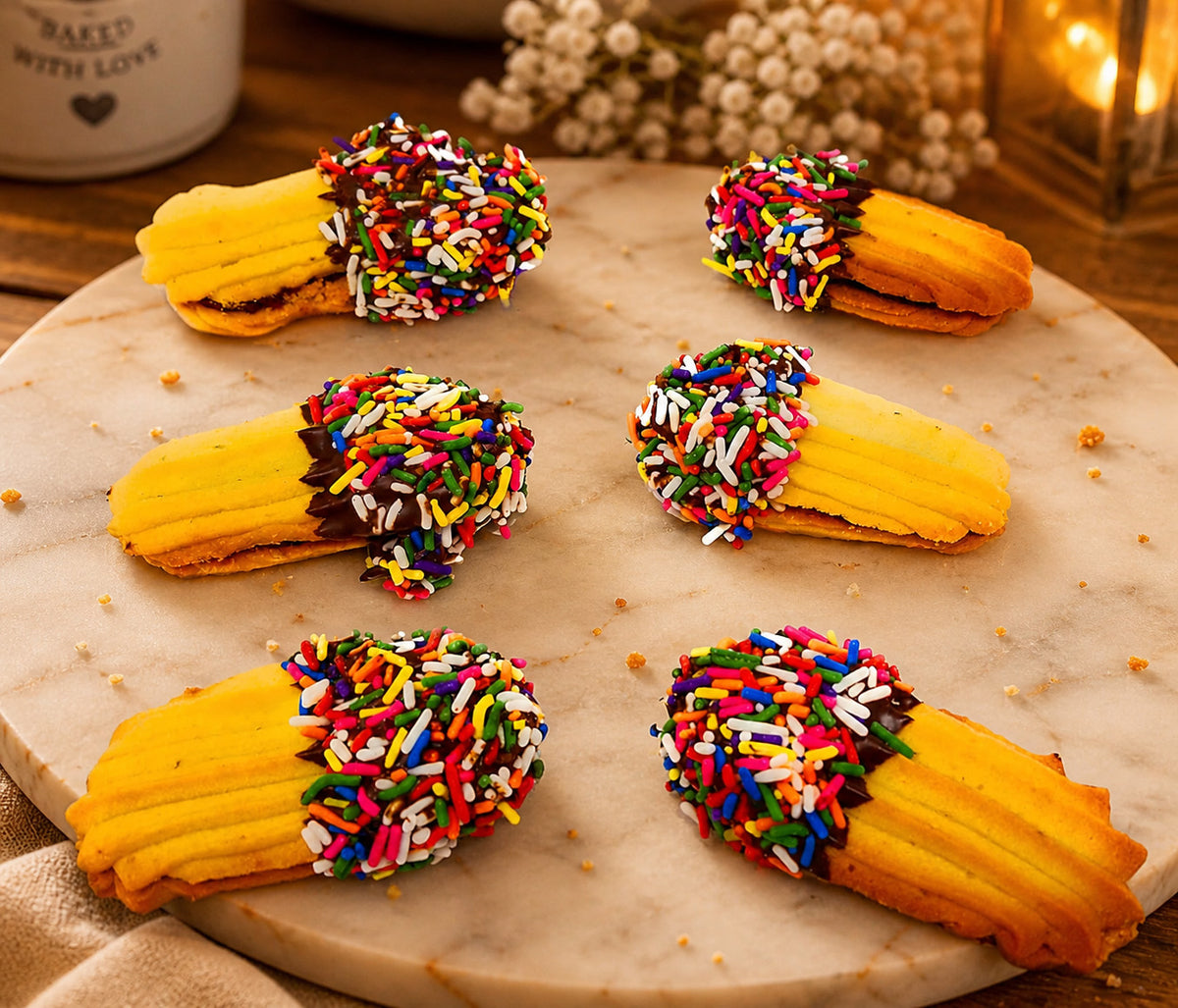 Six of chocolate-dipped raspberry sandwich cookies with multicolored sprinkles on top, baked in Brooklyn.