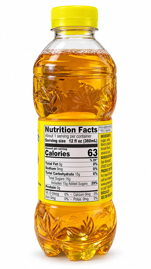 San Benedetto lemon iced tea, back of the bottle showing nutrition facts.