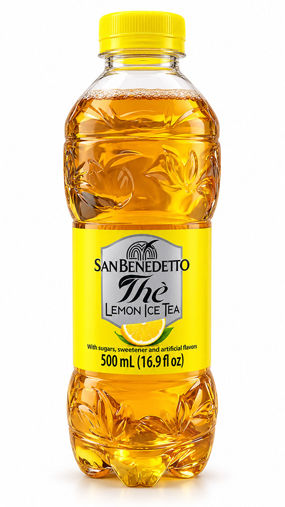 San Benedetto lemon iced tea, 16.9 oz plastic bottle with a yellow cap.