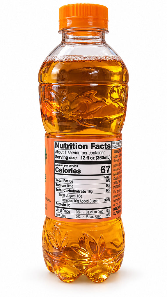 San Benedetto peach iced tea, back of the bottle with the nutrition facts label.