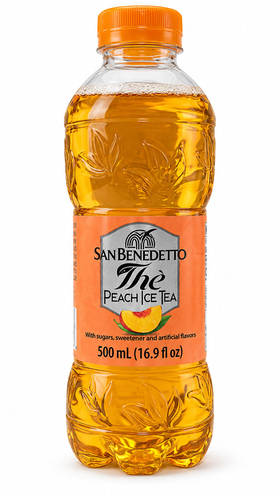 San Benedetto peach iced tea, 16.9 oz plastic bottle with an orange cap.