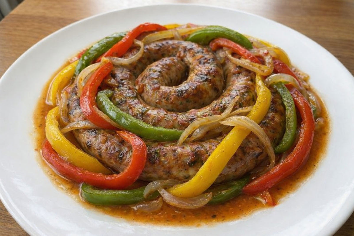 Sausage and Peppers - Cheese and Parsley sausage wheel plated with delicate sliced peppers and onions. 
