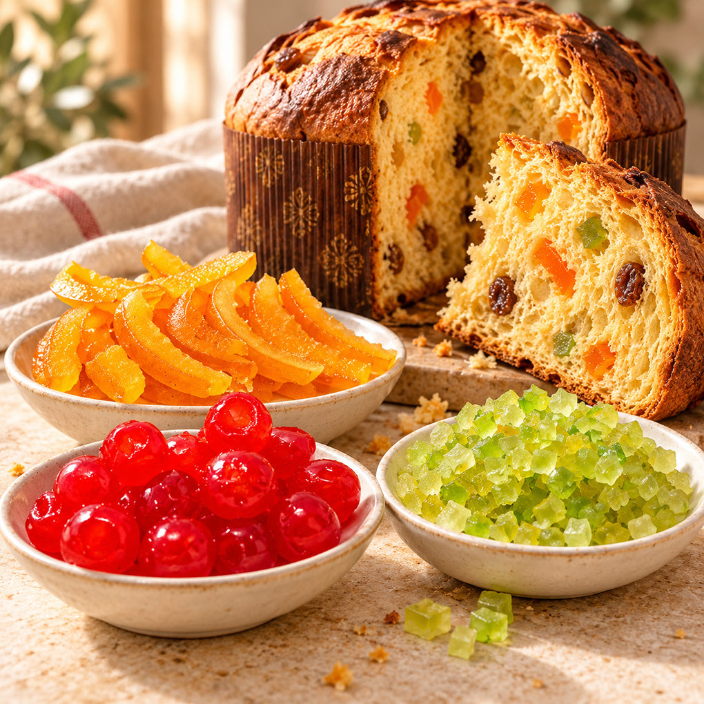 Sicilian candied cherries, orange peel, and diced citron in bowls beside a sliced Italian panettone.