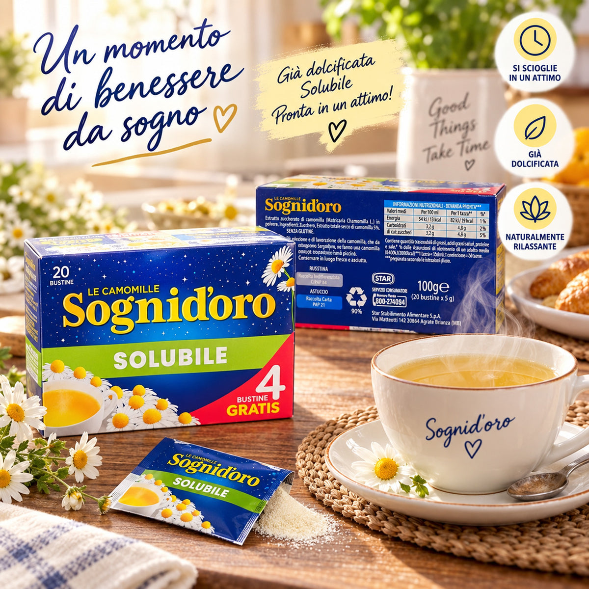 Sognid'oro Instant Chamomile Tea 4-Pack – Camomilla Solubile – 80 Sachets