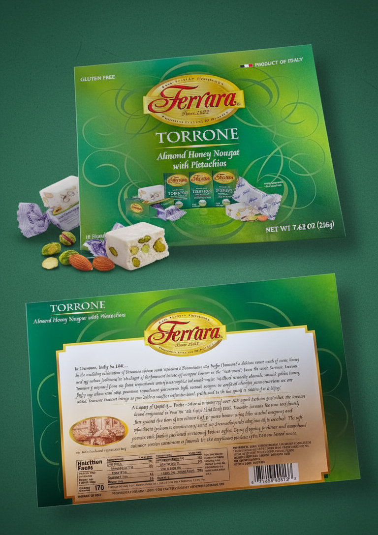 Ferrara Torrone packaging with green background