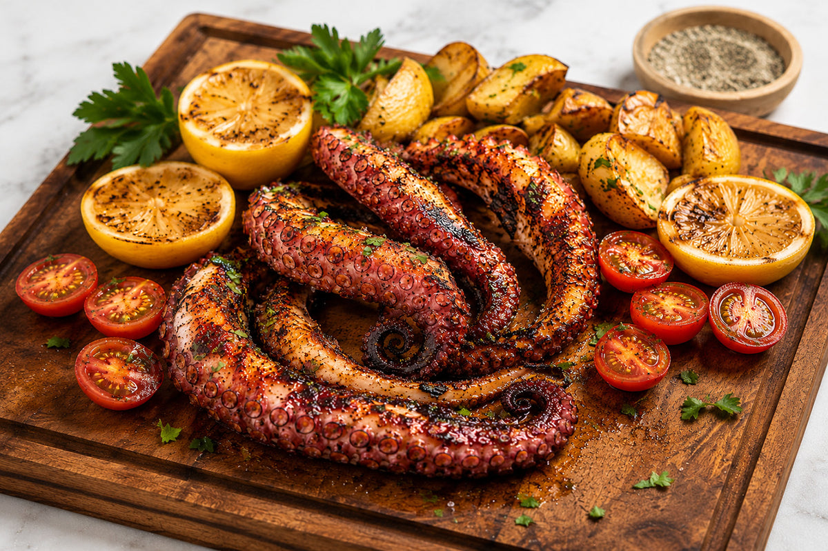 Grilled  Spanish octopus on a wooden cutting board with potatoes, tomatoes, and lemons.