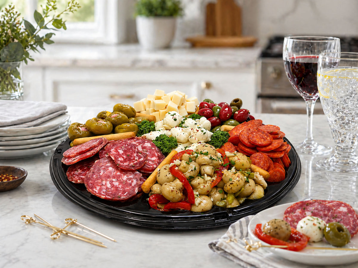 Antipasto tray meats, cheeses, and vegetables on a kitchen counter with wine glasses.