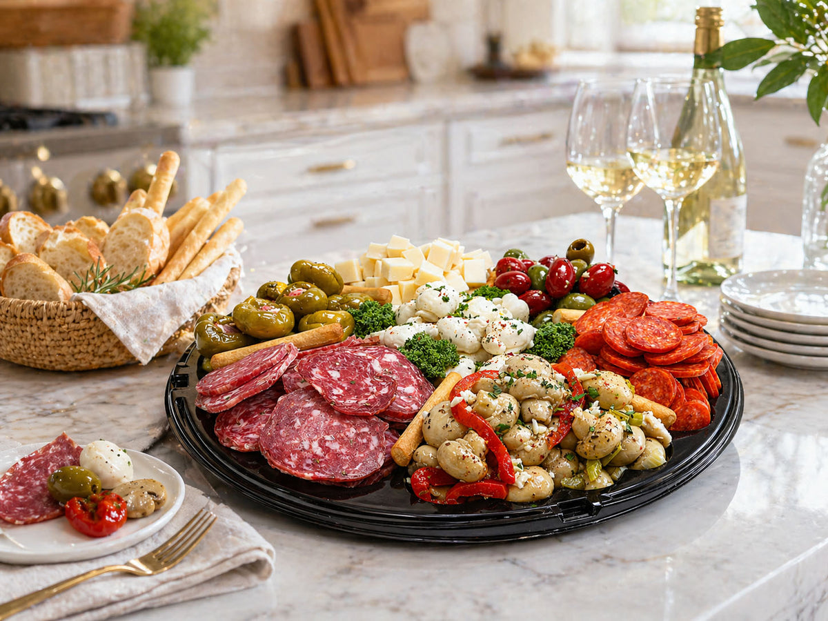 antipasto tray  meats, cheeses, and vegetables on a marble countertop with wine glasses.