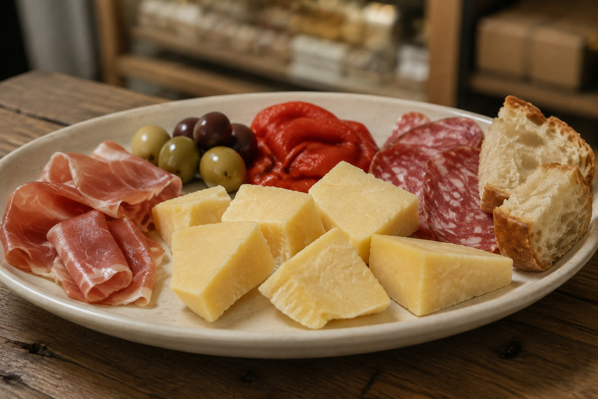 Rind-free Stravecchio Provolone served with prosciutto, soppressata and olives.