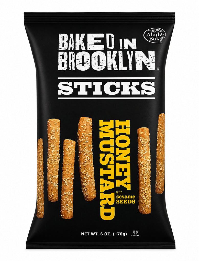  Baked in Brooklyn Honey Mustard Bread Sticks, with sesame seeds visible on the product's surface.