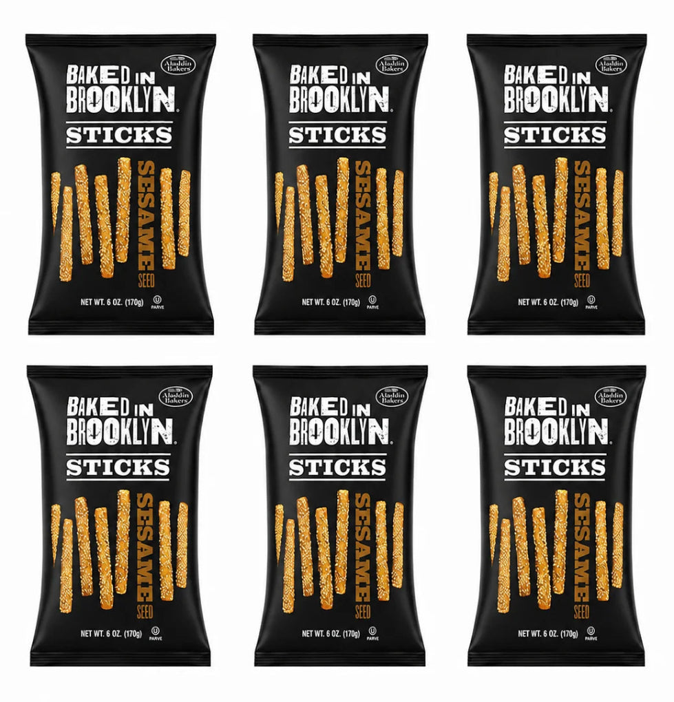 Six identical packages of Baked in Brooklyn Sesame Sticks