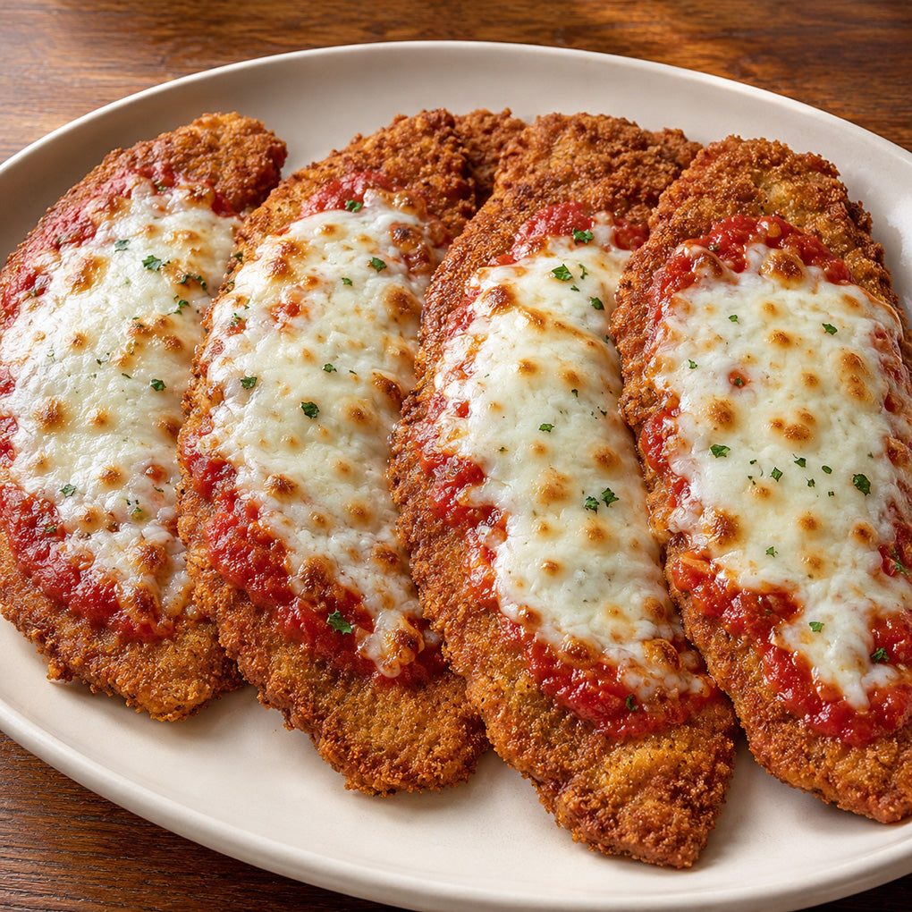 Four breaded cutlets topped with melted cheese and red tomato sauce, garnished with chopped parsley, served on a large off-white plate over a wooden table.