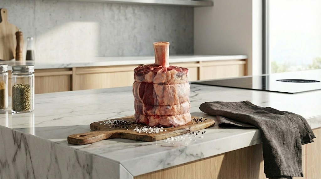 Thor's Hammer Beef Shank pn a counter with Salt and Pepper