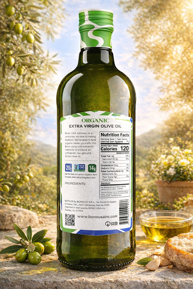 The back of a bottle of Bono Unfiltered Olive Oil 