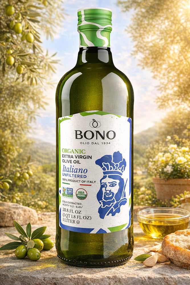 The Front of a bottle of Bono Unfiltered Olive Oil 