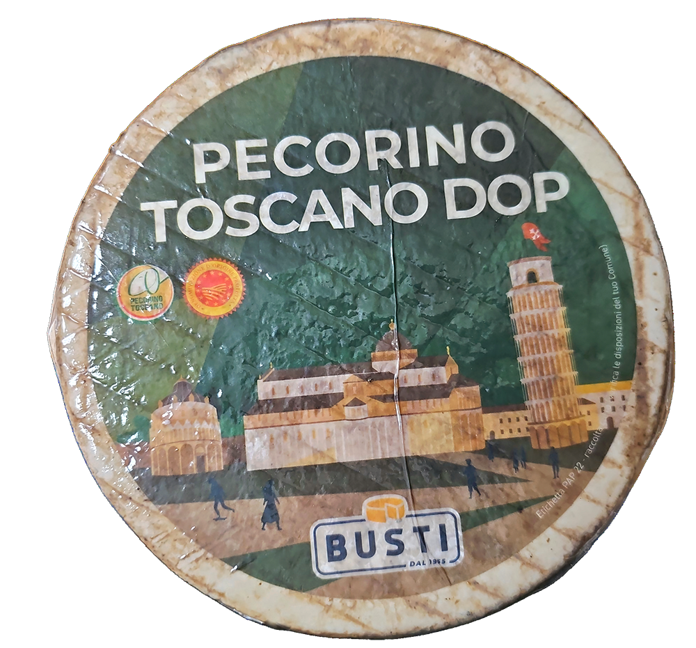 Round Pecorino Toscano Dop cheese packaging with Bosti branding