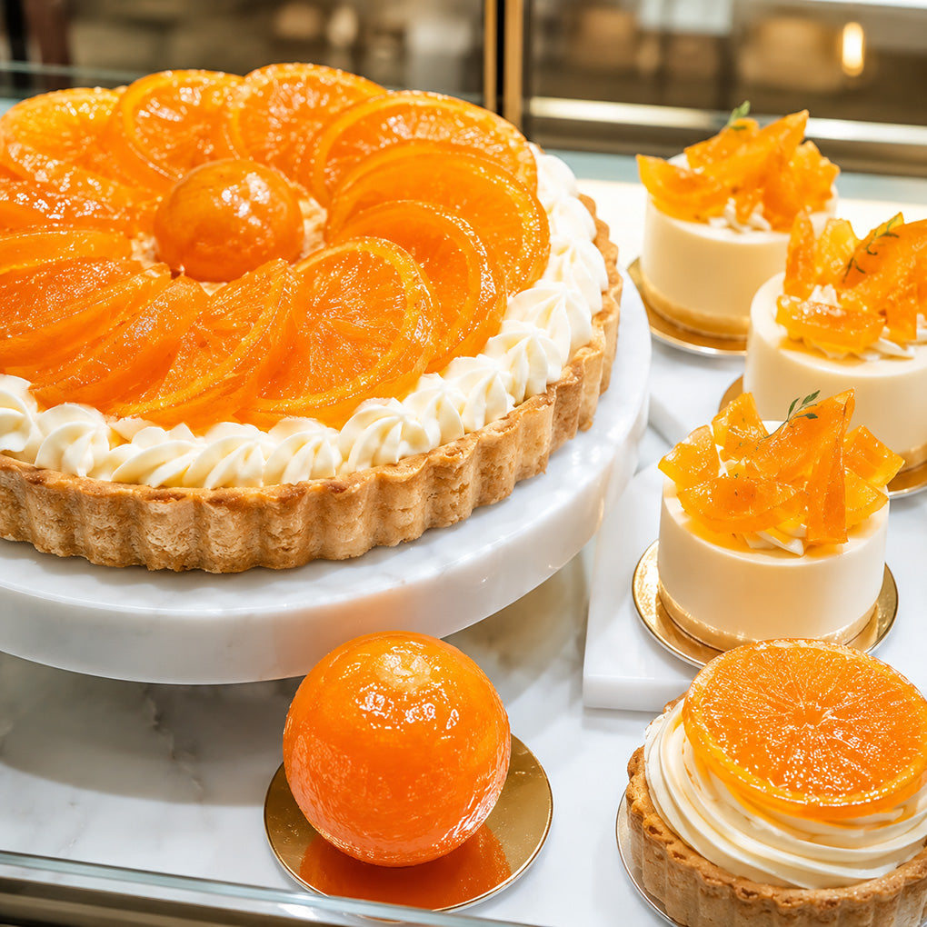 An orange tart on a white pedestal stand, with several small candied oranges-topped desserts arranged beside it on a marble surface in a bakery setting.