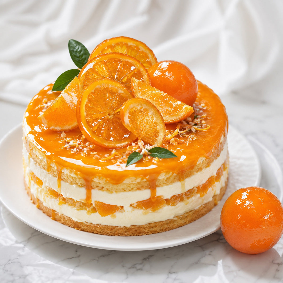 A round orange-topped cake on a white plate, decorated with candied sliced oranges, whole oranges, and green leaves, with a whole candied orange resting beside the plate on a light marble surface.