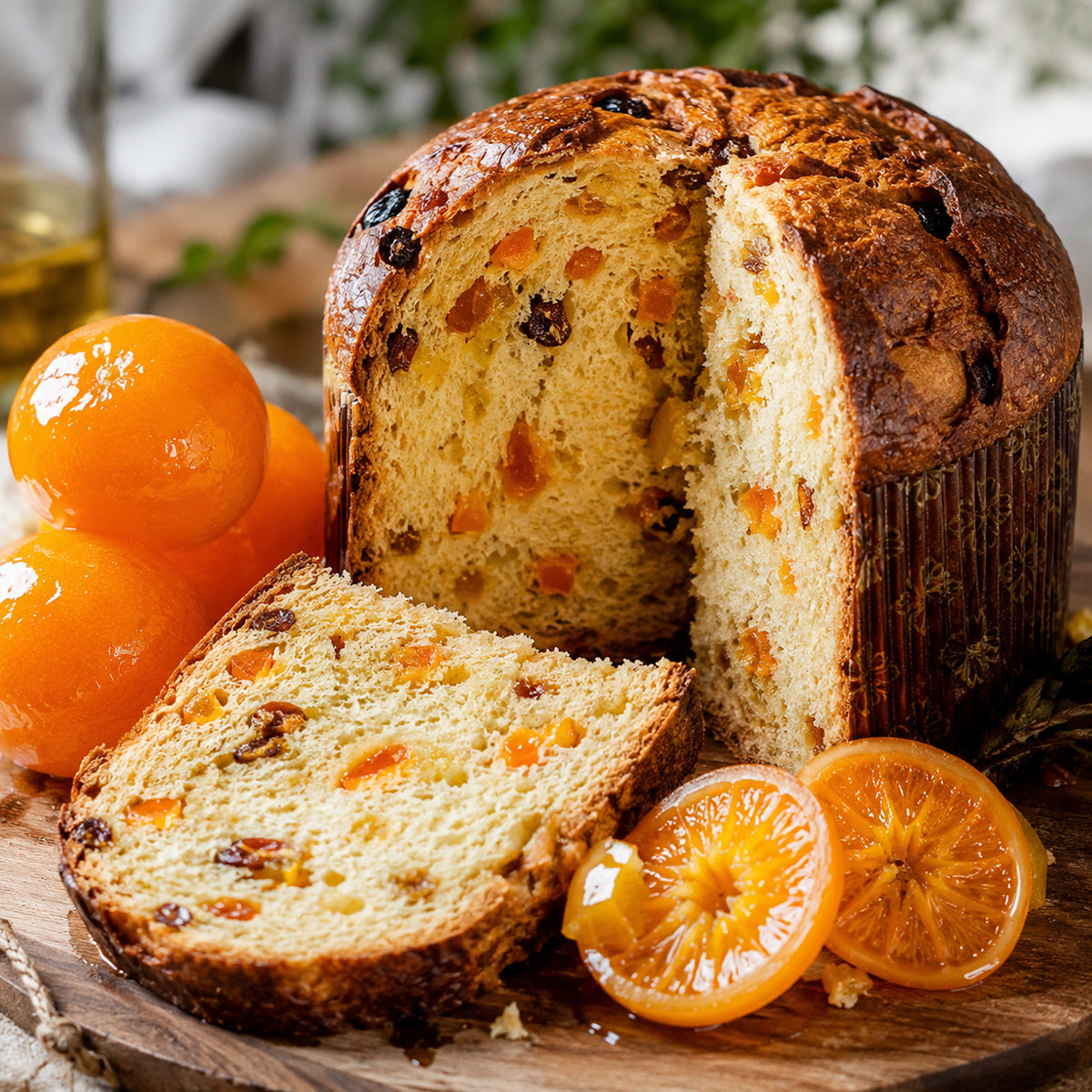 A  panettone  with dried fruits and orange slices, presented on a wooden board with whole candid orange.