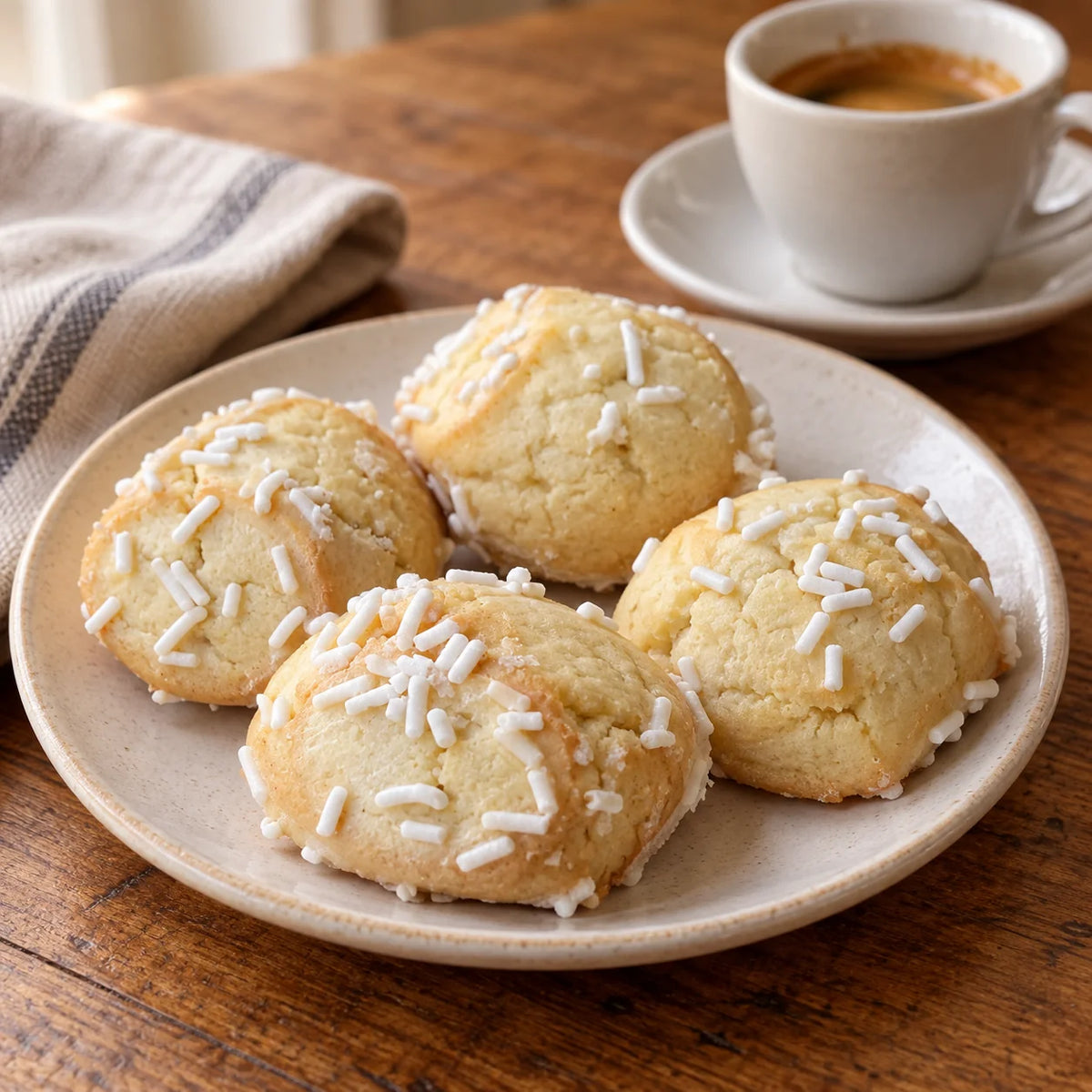 Glazed ricotta cannoli cookies served on a plate beside espresso