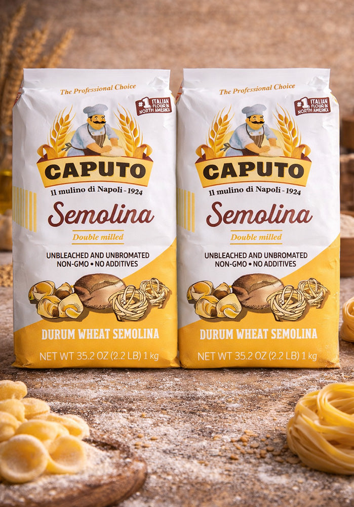 Two packages of Caputo Semolina on a wooden surface with pasta.