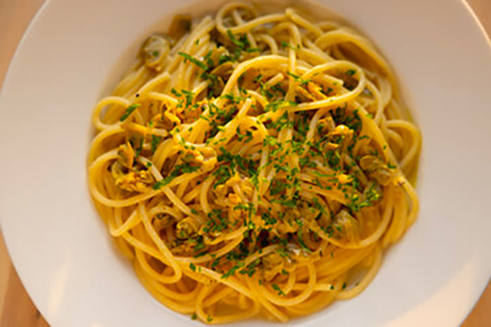 “Linguine topped with Cento White Clam Sauce”