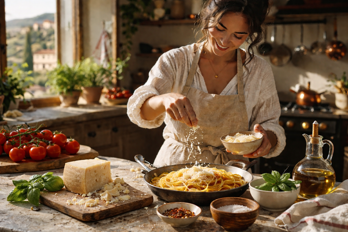 Woman cooking in a rustic kitchen, preparing pasta with Parmigiano