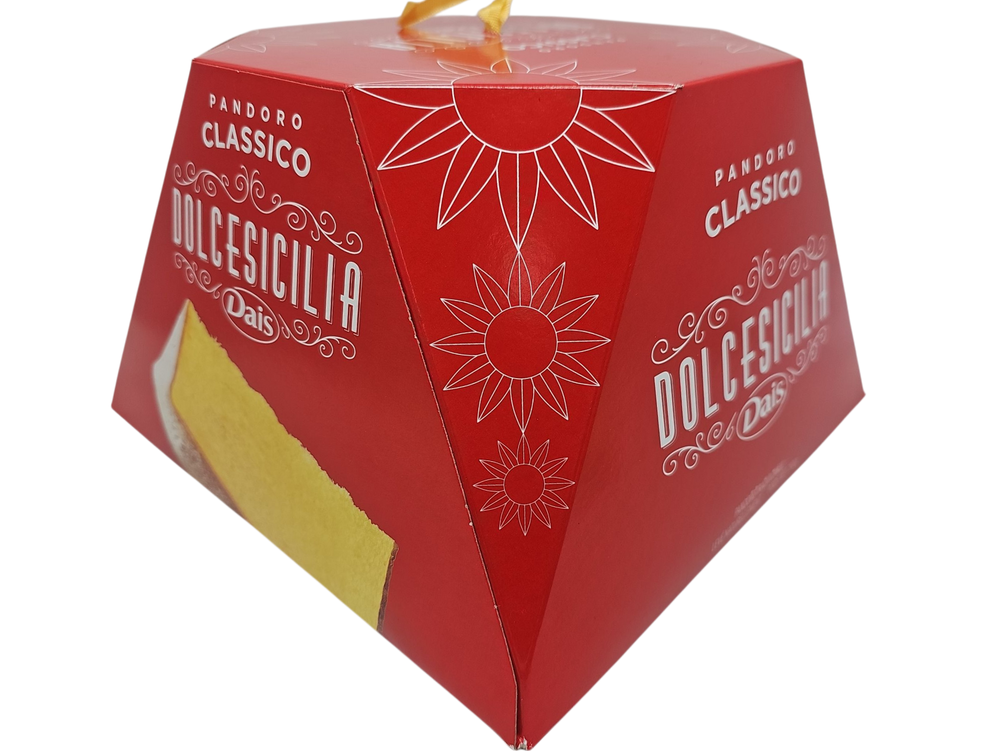 Red triangular box with 'Dolce sicilia' Pandoro branding on a white background