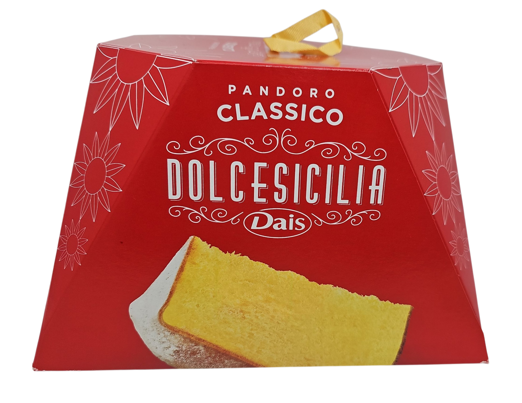 Red packaging of Pandoro Classico Dolcesicilia with a slice of cake on a white background