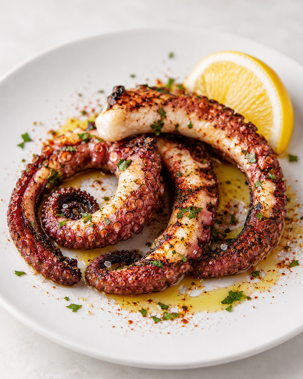 Grilled octopus tentacles on a white plate with a lemon wedge