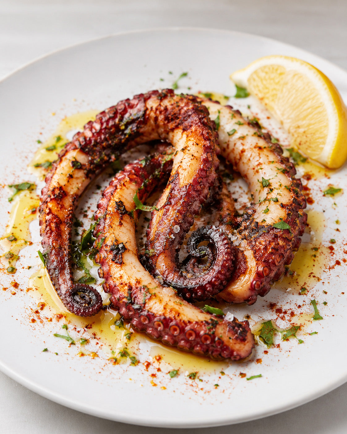 Seared Spanish octopus on a plate with lemon and herbs