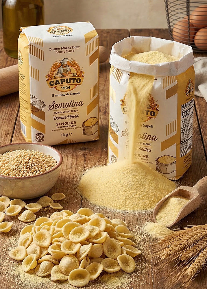 Caputo Semolina packaging with pasta and flour on a wooden surface