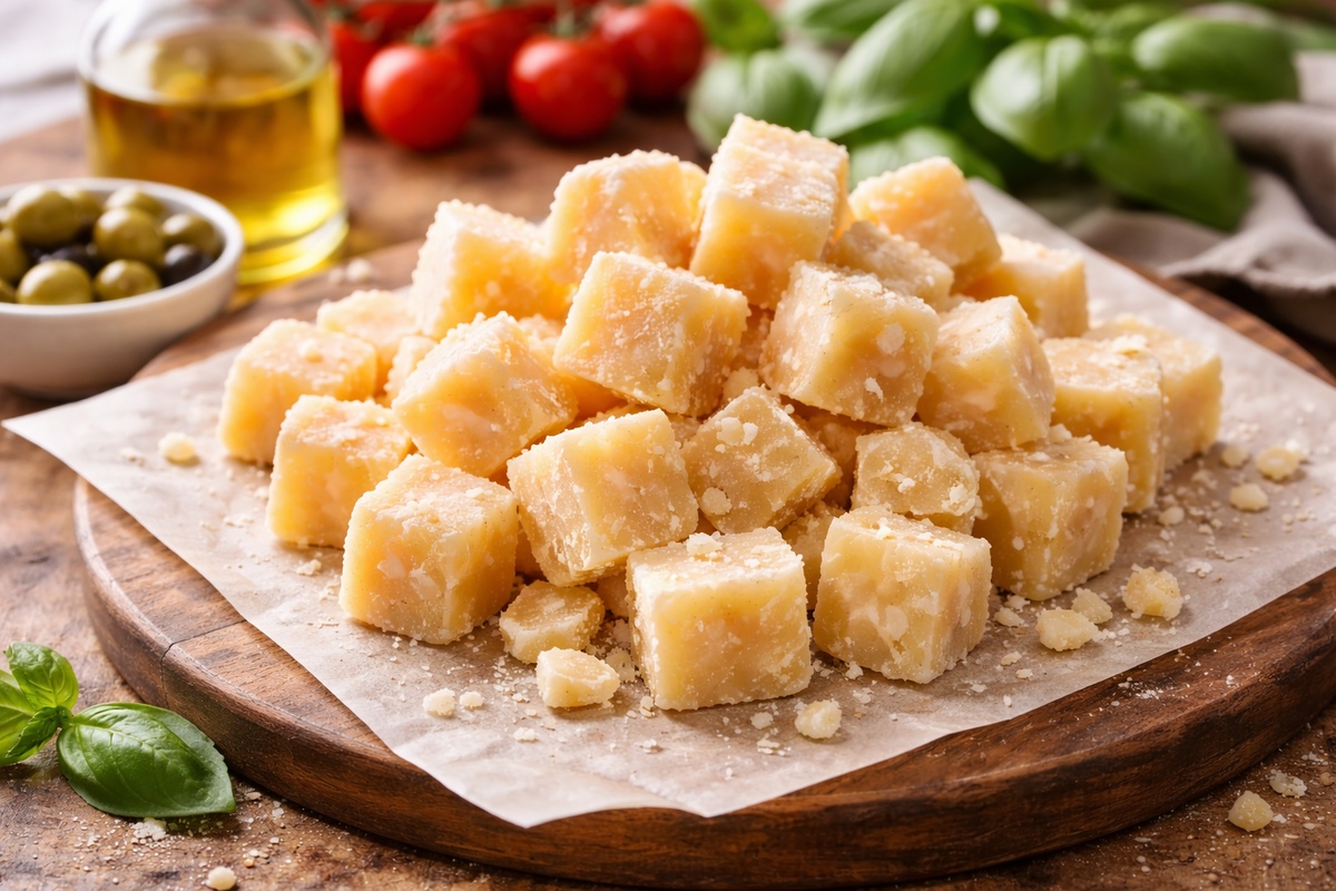 Cubed Parmigiano  on a wooden board with tomatoes and basil in the background