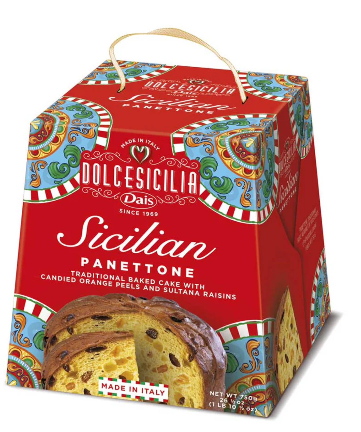 DolceSicilia Dais Sicilian Panettone in a vibrant red gift box with a slice showing the candied fruit and raisins inside.