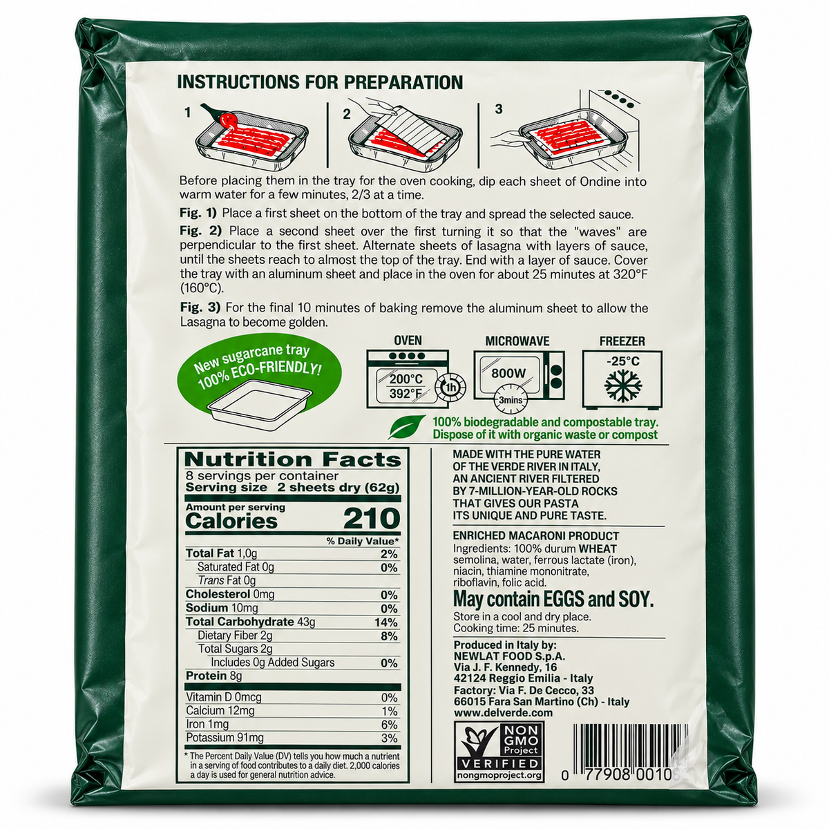 Delverde no boil lasagna back label showing preparation instructions, nutrition facts, ingredients and tray-use guidance.
