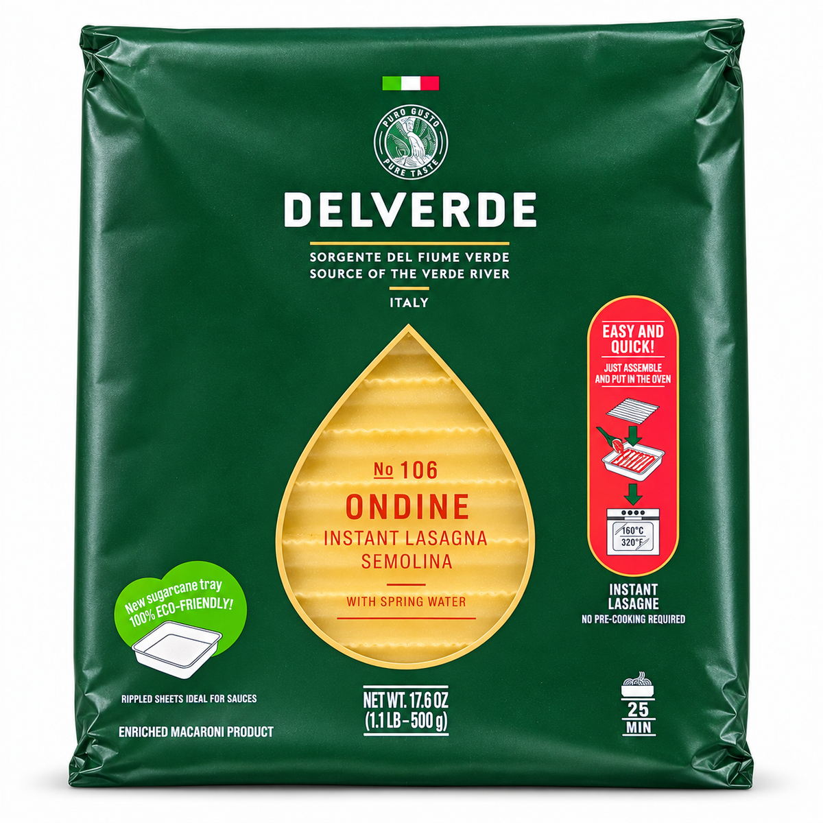 Delverde Ondine No. 106 no boil lasagna sheets, 17.6 oz package with included sugarcane baking tray.