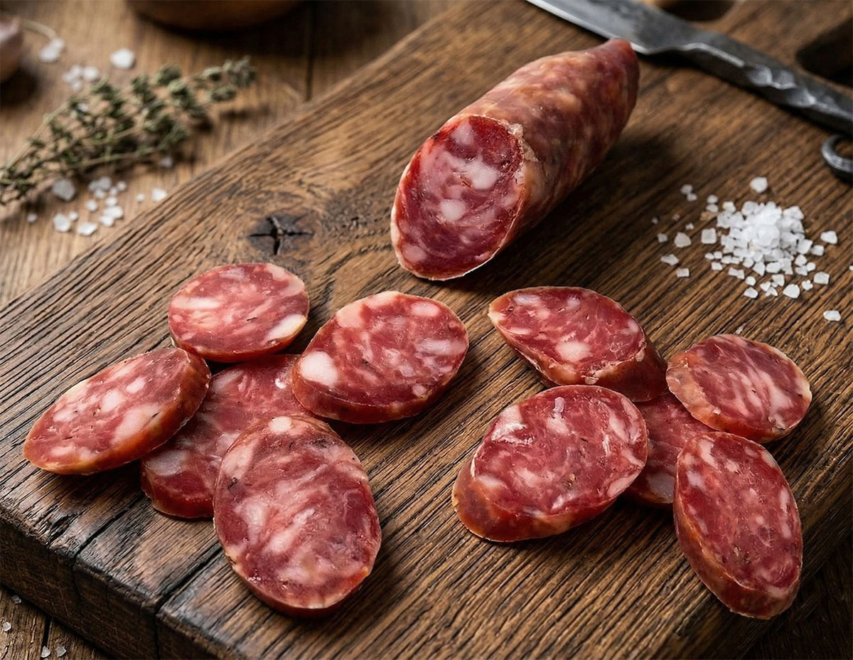 Sweet Dry Sausage on a wooden cutting board with herbs and salt. Frank and Sal brand 
