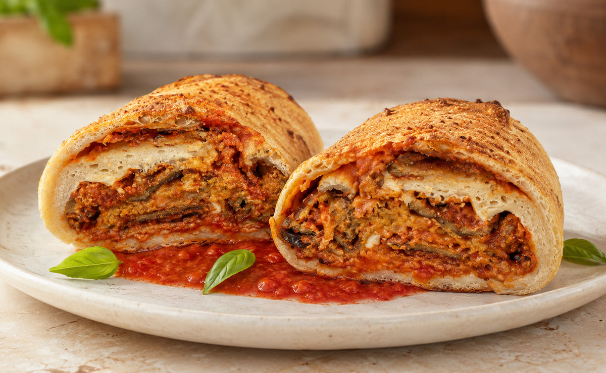 Prepared Food - Frank And Sal Famous House Made Eggplant Parmigiana Roll - 3 Or 6 Rolls - No Additives No Preservatives. Vegetarian Friendly. Cross section.