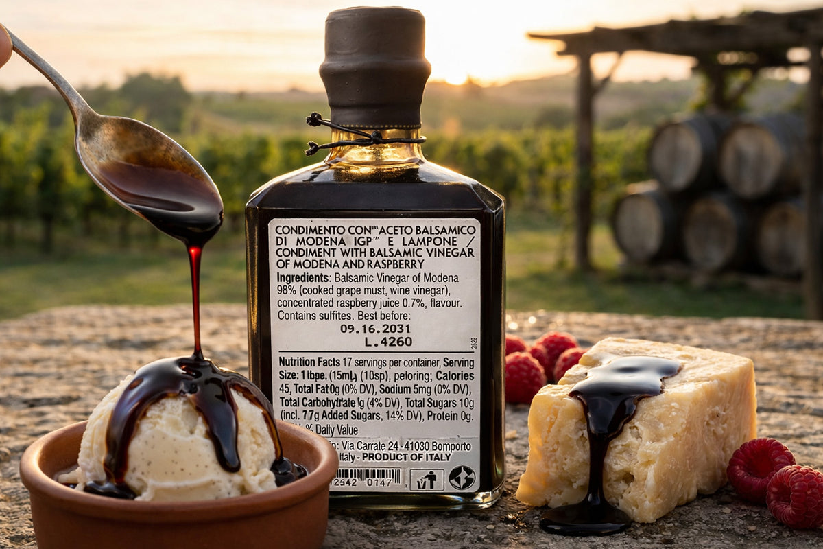 Elsa Raspberry Balsamic vinegar bottle with a spoonful of balsamic glaze over ice cream and cheese, set against a vineyard background.