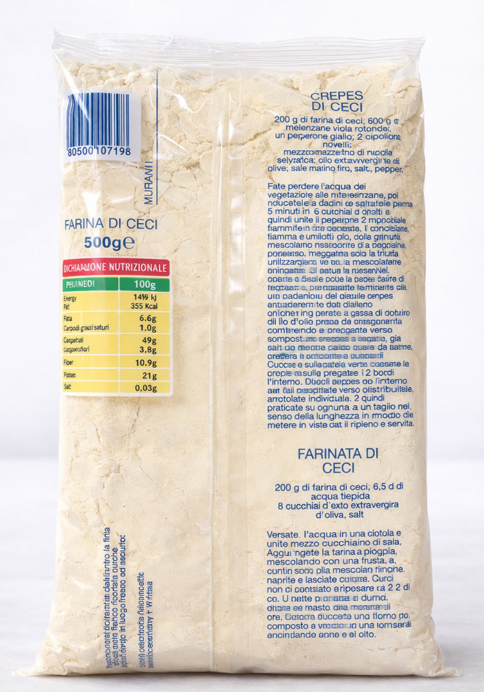 Package of farina di ceci (chickpea flour) with nutritional information on a white background