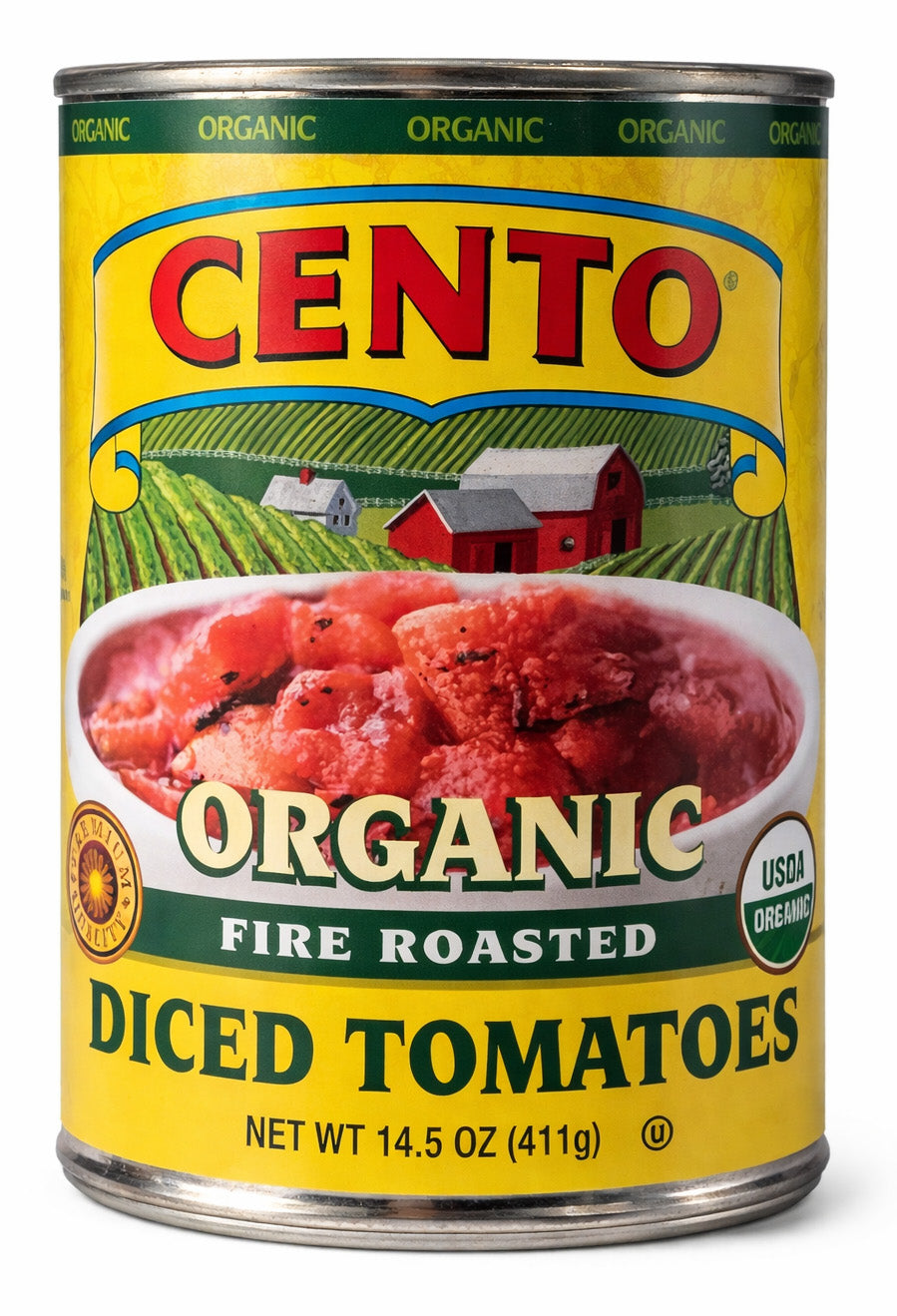 Cento Organic Fire Roasted Diced Tomatoes can with a yellow label and red barn illustration.