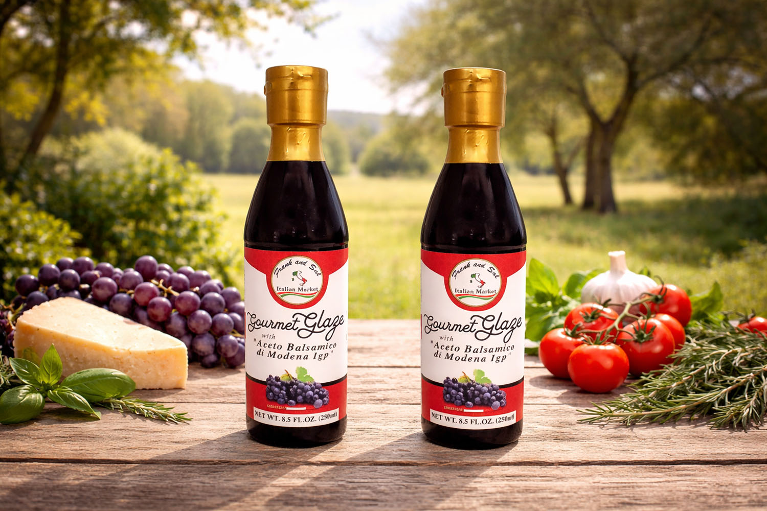 Two bottles of Frank and Balsamic  Vinegar on a wooden table