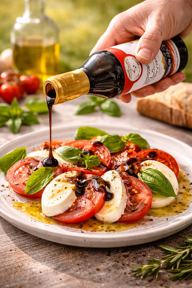 Frank and Sal Balsamic glaze being poured over a Caprese salad on a plate with a bottle of balsamic vinegar.