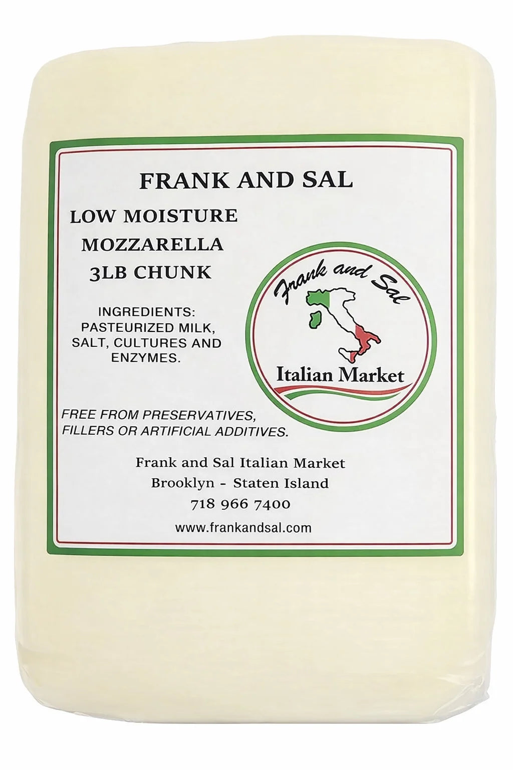A 3 lb chunk of Frank and Sal Low Moisture Mozzarella cheese in a white plastic tub with a white label, photographed against a white background.