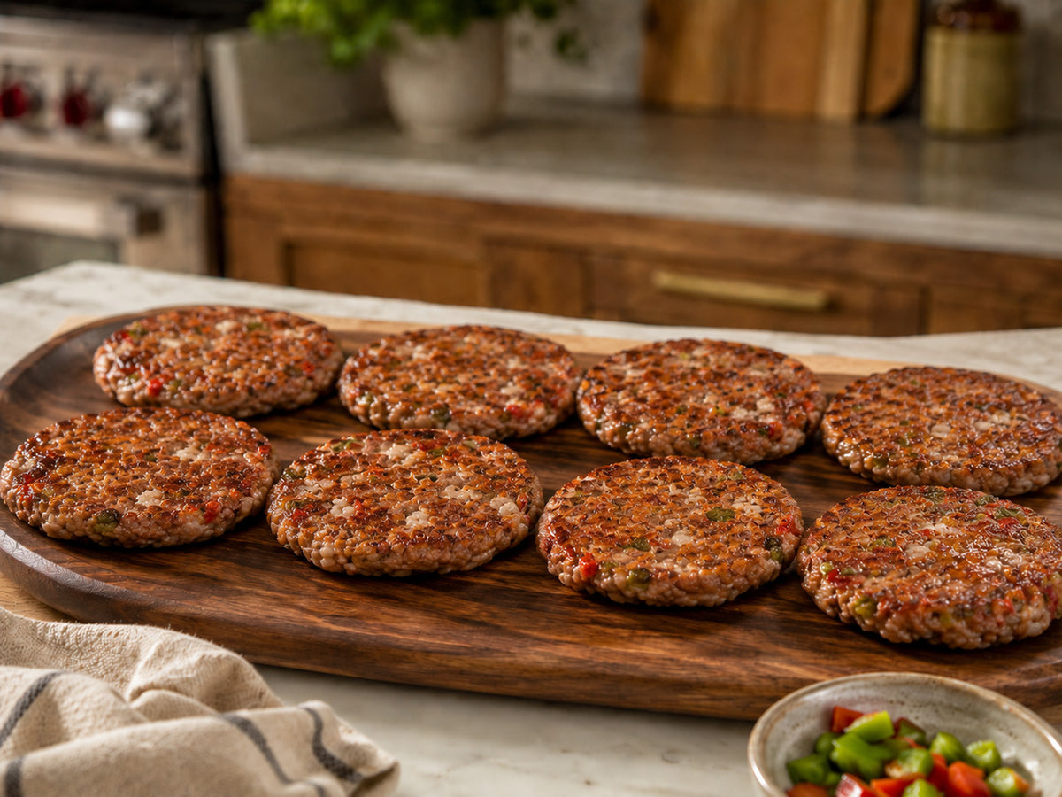 Cooked sausage patties with peppers and onions, 8 patties served on wooden platter in kitchen